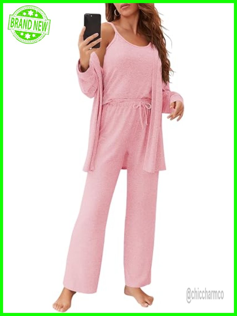 Womens 3 Piece Pajama Set Cami Tank Top Wide Leg Pants Cardigan Lounge Set